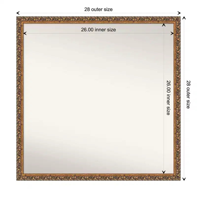 Wood Frame Square Wall Mirror 28"W x 28"H, Reflective Area 26"W x 26"H