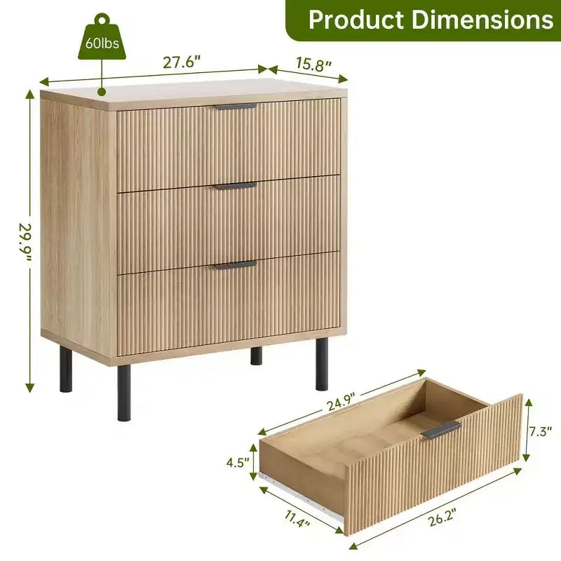 MDF Metal Legs 3-Drawer Dresser 27.6"W x 15.8"D x 29.9"H