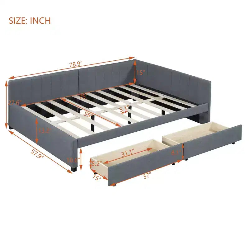 MDF Linen Upholstered Full Daybed with 2 Drawers 78.9"W x 57.9"D x 27.6"H