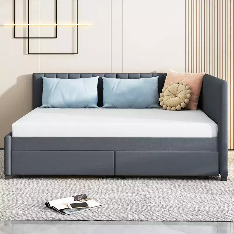 MDF Linen Upholstered Full Daybed with 2 Drawers 78.9"W x 57.9"D x 27.6"H