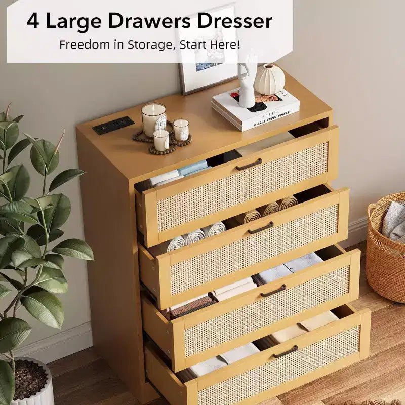 MDF Rattan 4-Drawer Tall Dresser 31.49"W x 15.75"D x 38.58"H