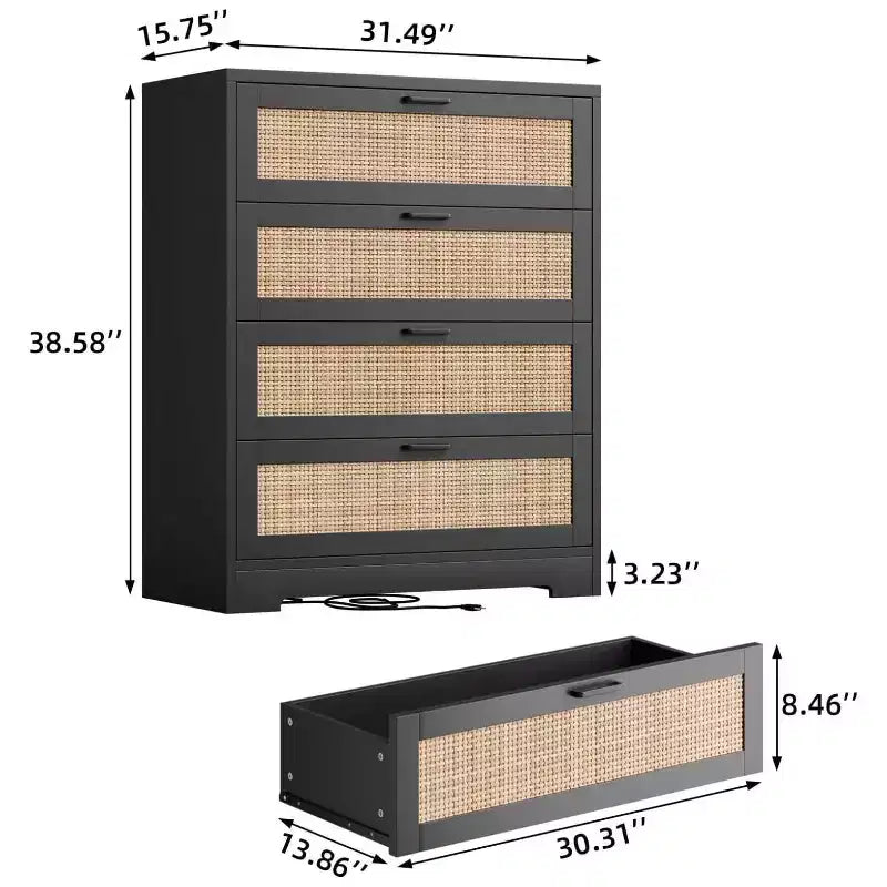 MDF Rattan 4-Drawer Tall Dresser 31.49"W x 15.75"D x 38.58"H