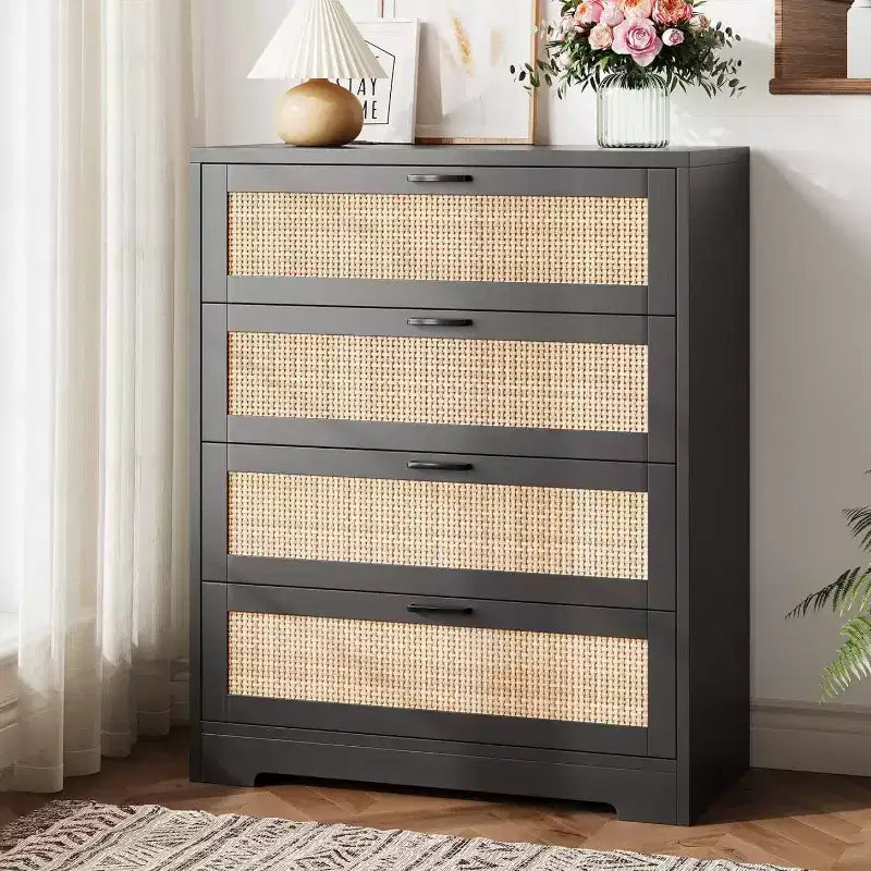 MDF Rattan 4-Drawer Tall Dresser 31.49"W x 15.75"D x 38.58"H