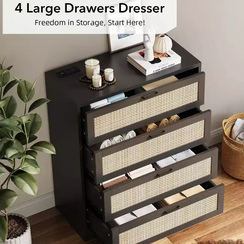 MDF Rattan 4-Drawer Tall Dresser 31.49"W x 15.75"D x 38.58"H