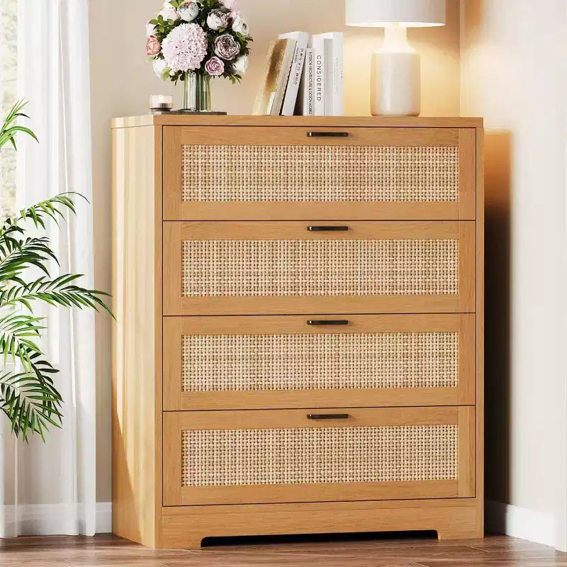MDF Rattan 4-Drawer Tall Dresser 31.49"W x 15.75"D x 38.58"H