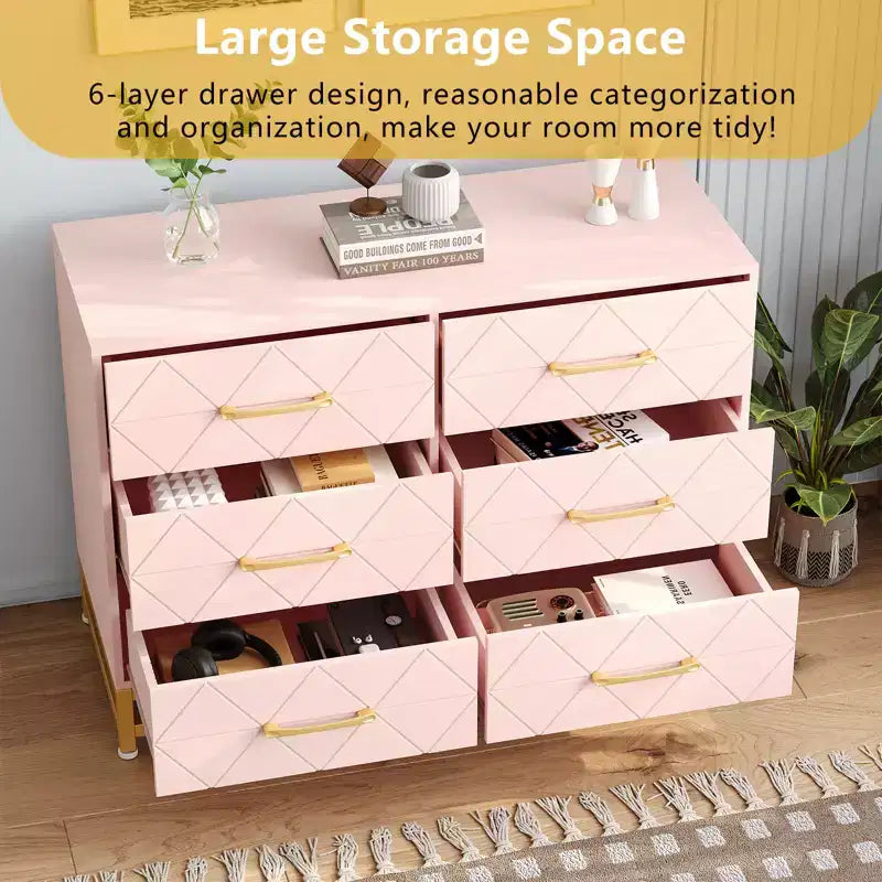 MDF 6-Drawer Dresser with Gold Handles 39.37"W x 15.75"D x 28.74"H
