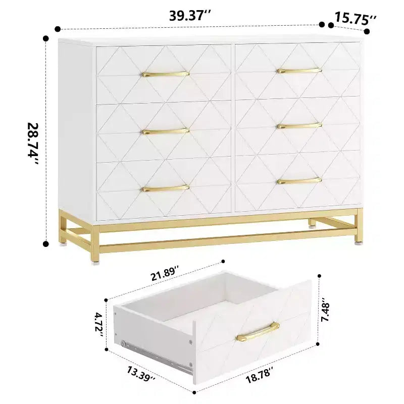 MDF 6-Drawer Dresser with Gold Handles 39.37"W x 15.75"D x 28.74"H