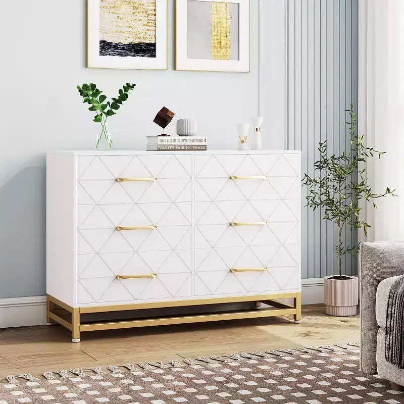 MDF 6-Drawer Dresser with Gold Handles 39.37"W x 15.75"D x 28.74"H