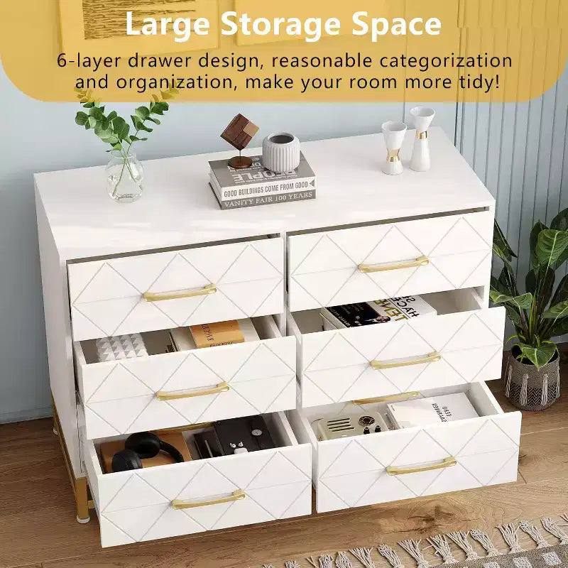 MDF 6-Drawer Dresser with Gold Handles 39.37"W x 15.75"D x 28.74"H