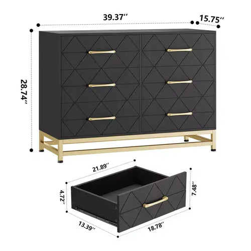 MDF 6-Drawer Dresser with Gold Handles 39.37"W x 15.75"D x 28.74"H