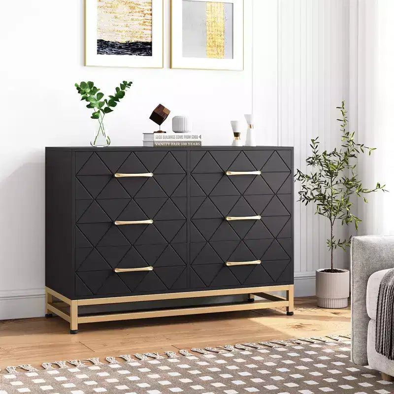 MDF 6-Drawer Dresser with Gold Handles 39.37"W x 15.75"D x 28.74"H