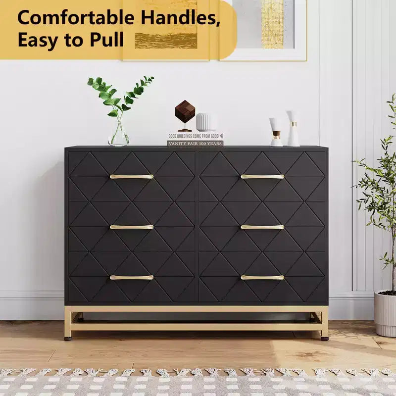 MDF 6-Drawer Dresser with Gold Handles 39.37"W x 15.75"D x 28.74"H