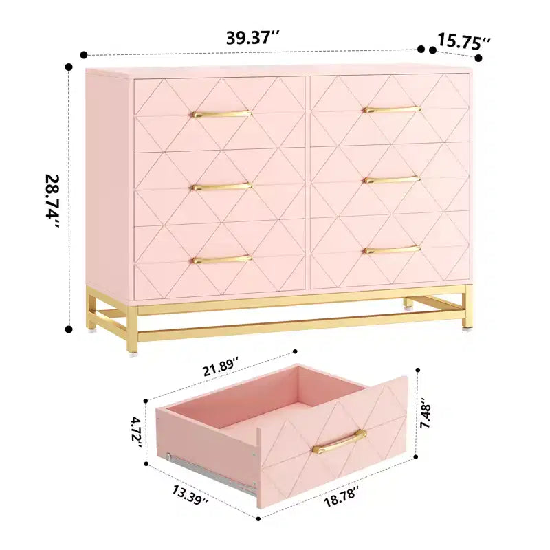 MDF 6-Drawer Dresser with Gold Handles 39.37"W x 15.75"D x 28.74"H