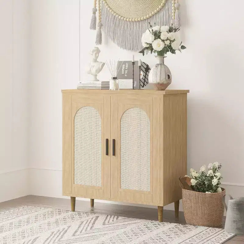 Wood Rattan 2-Door Sideboard Cabinet 30.51"W x 15.43"D x 33.66"H