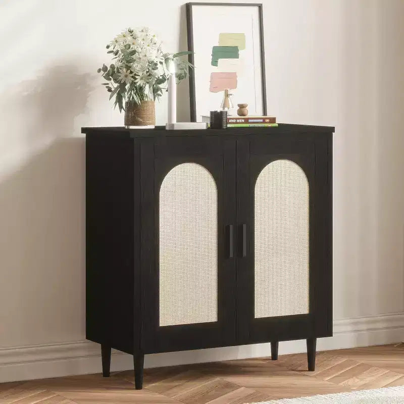 Wood Rattan 2-Door Sideboard Cabinet 30.51"W x 15.43"D x 33.66"H