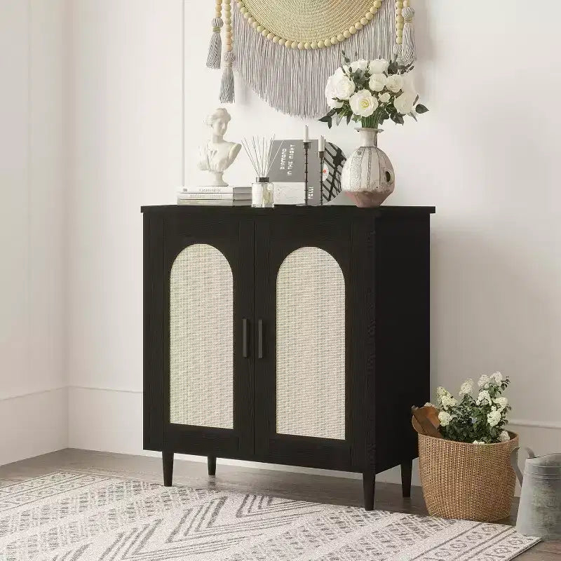 Wood Rattan 2-Door Sideboard Cabinet 30.51"W x 15.43"D x 33.66"H