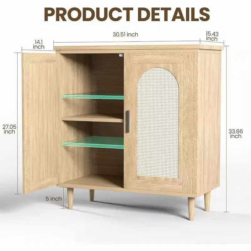 Wood Rattan 2-Door Sideboard Cabinet 30.51"W x 15.43"D x 33.66"H