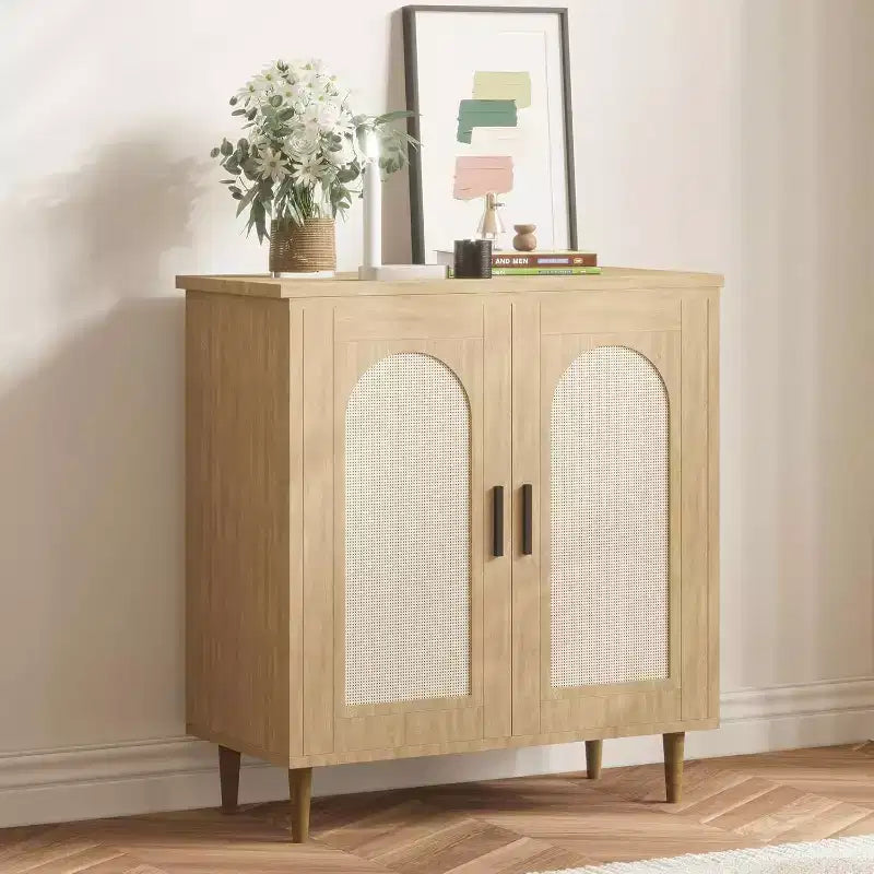 Wood Rattan 2-Door Sideboard Cabinet 30.51"W x 15.43"D x 33.66"H