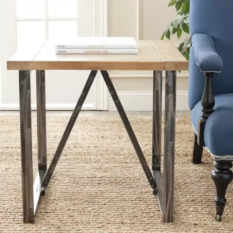 Fir Wood Metal Frame End Table 25.1"W x 25.1"D x 24"H
