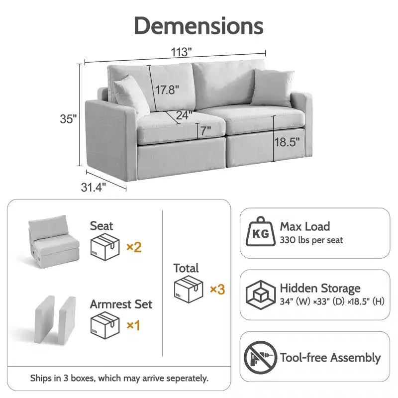 Hardwood Canvas Upholstered Sofa 80"W x 35"H with Pocket Spring Cushions