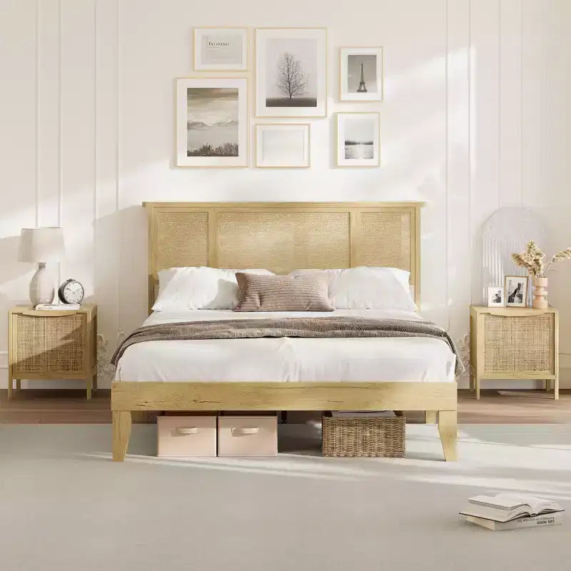 Wood Metal Rattan Headboard Platform Bed Frame with 11.8" Under-Bed Clearance
