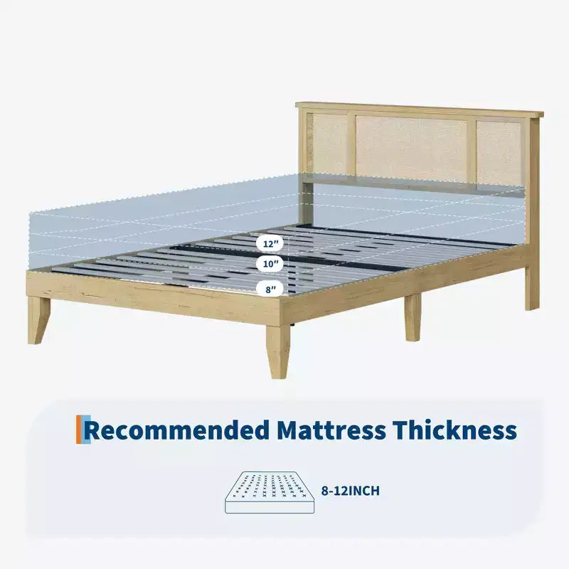 Wood Metal Rattan Headboard Platform Bed Frame with 11.8" Under-Bed Clearance