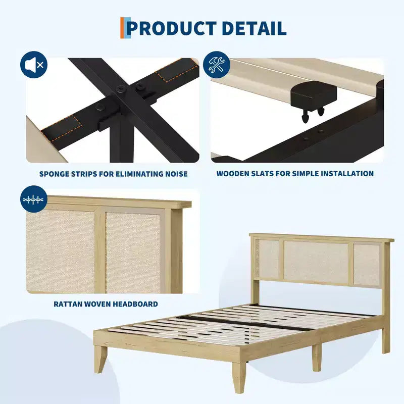 Wood Metal Rattan Headboard Platform Bed Frame with 11.8" Under-Bed Clearance