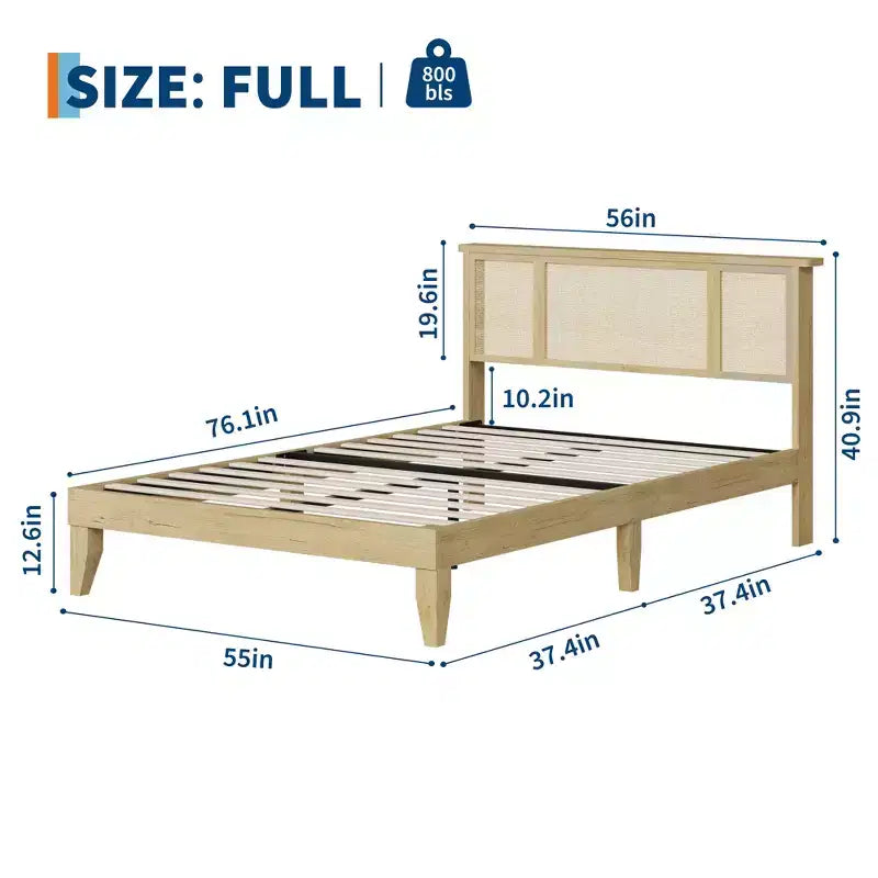 Wood Metal Rattan Headboard Platform Bed Frame with 11.8" Under-Bed Clearance