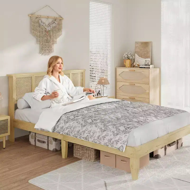 Wood Metal Rattan Headboard Platform Bed Frame with 11.8" Under-Bed Clearance