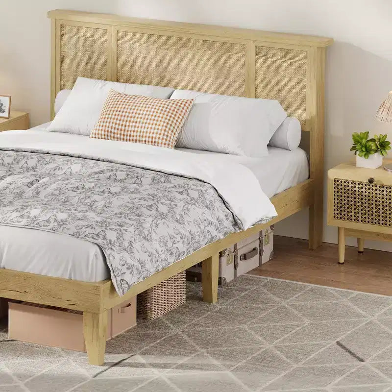 Wood Metal Rattan Headboard Platform Bed Frame with 11.8" Under-Bed Clearance