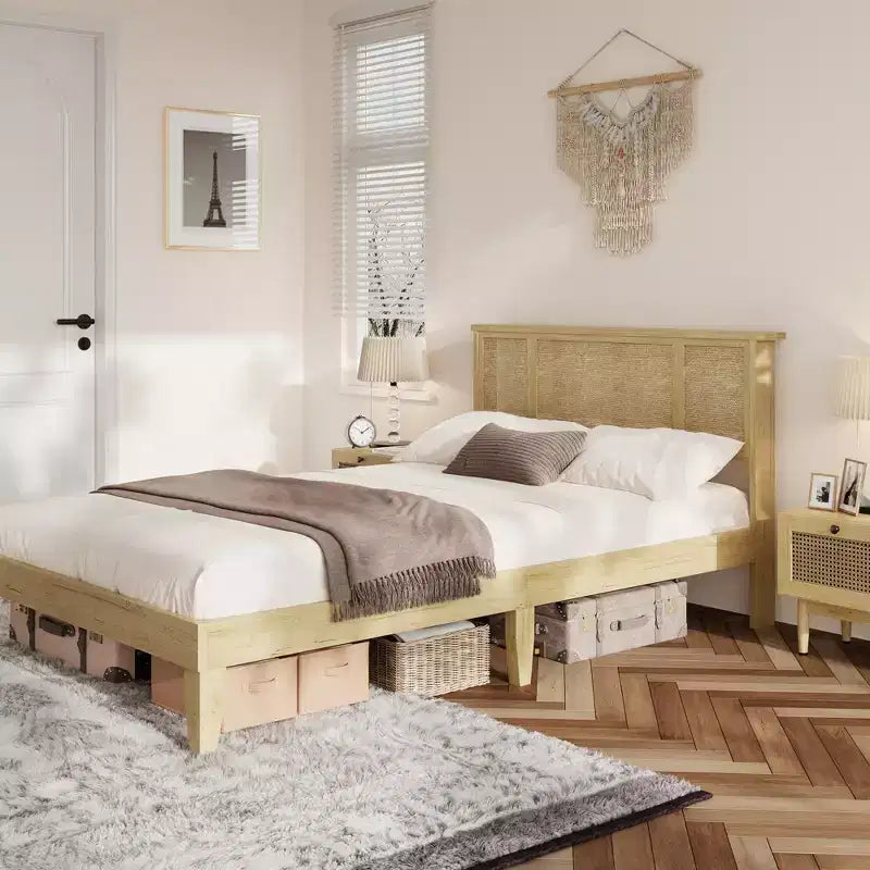Wood Metal Rattan Headboard Platform Bed Frame with 11.8" Under-Bed Clearance