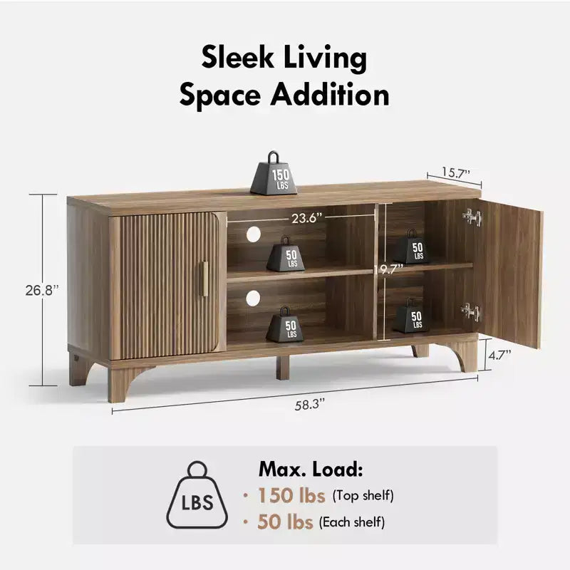 Wood MDF Walnut Finish TV Stand 58.3"W x 15.7"D x 26.8"H Fits up to 65"