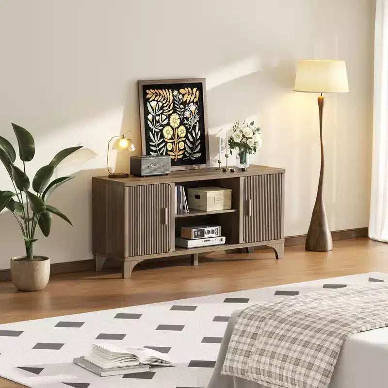 Wood MDF Walnut Finish TV Stand 58.3"W x 15.7"D x 26.8"H Fits up to 65"