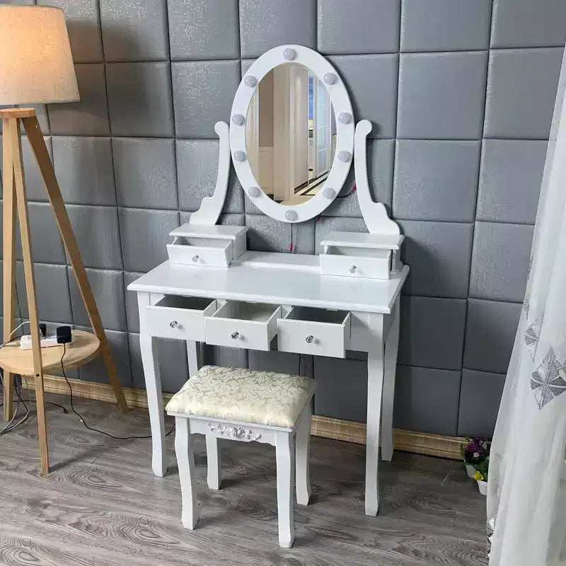 MDF Vanity Desk with LED Mirror and Stool 5 Drawers 31.5"W x 15.8"D x 53.9"H