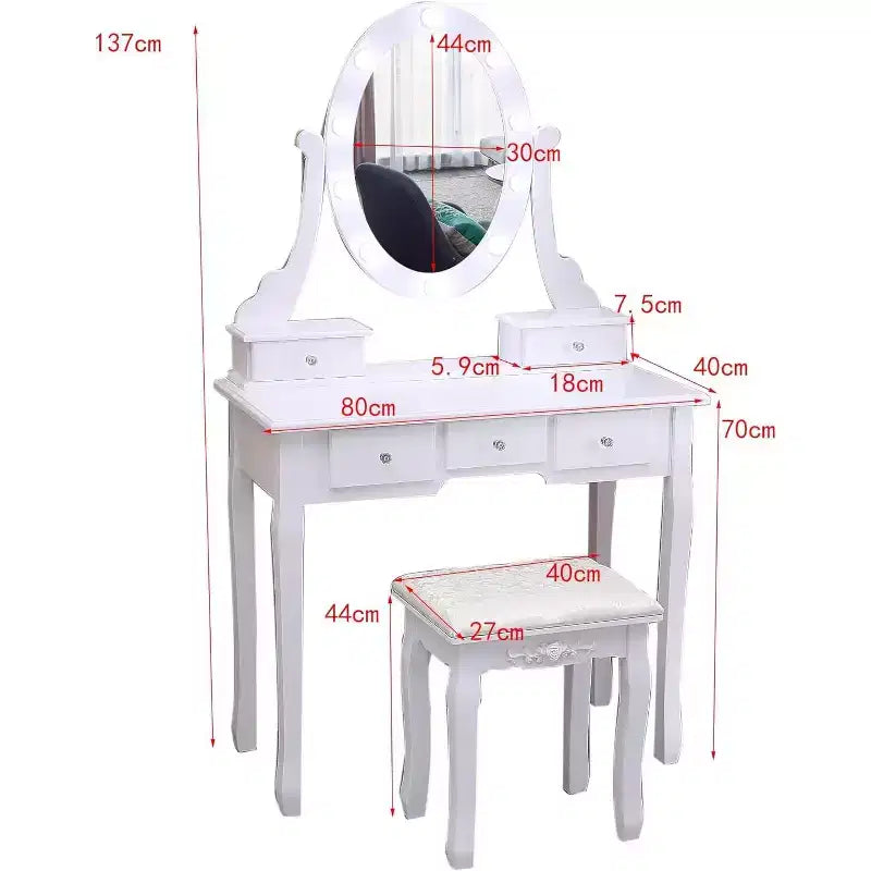 MDF Vanity Desk with LED Mirror and Stool 5 Drawers 31.5"W x 15.8"D x 53.9"H