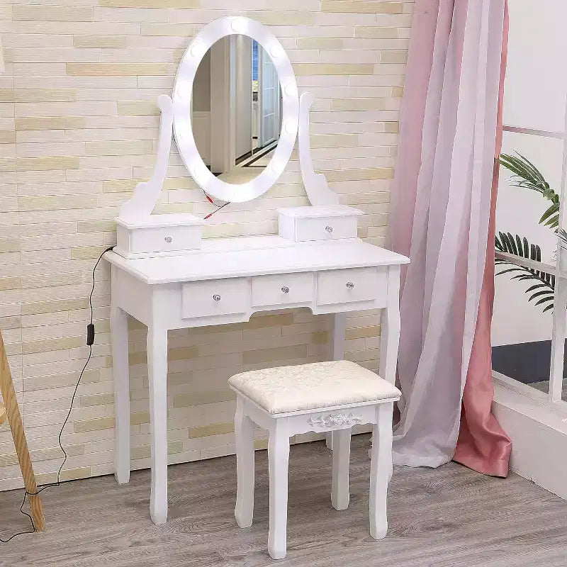 MDF Vanity Desk with LED Mirror and Stool 5 Drawers 31.5"W x 15.8"D x 53.9"H