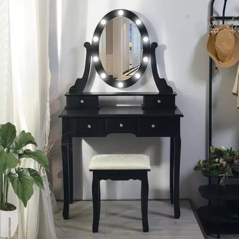 MDF Vanity Desk with LED Mirror and Stool 5 Drawers 31.5"W x 15.8"D x 53.9"H