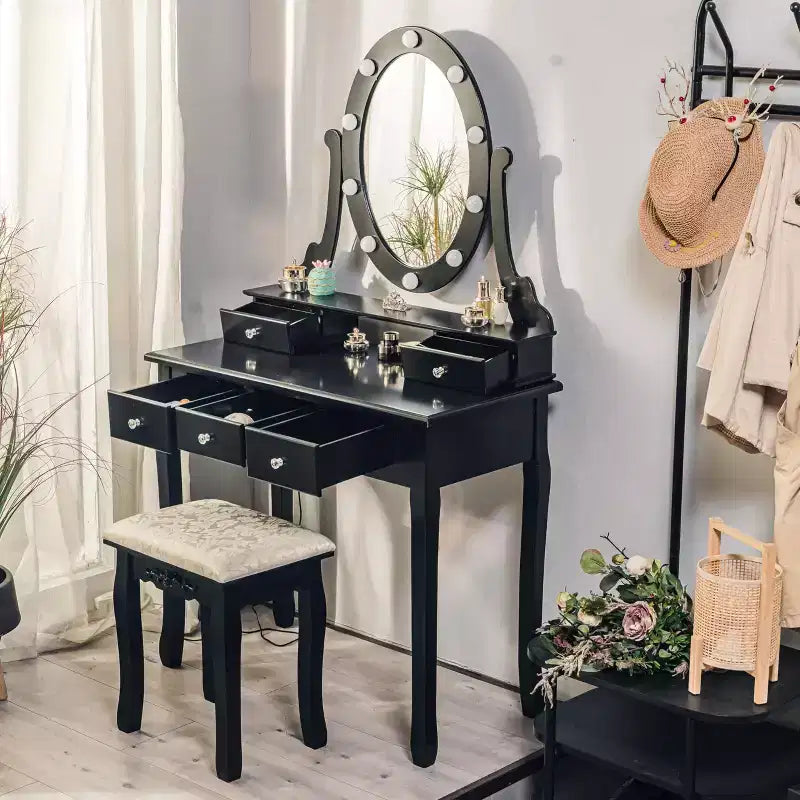 MDF Vanity Desk with LED Mirror and Stool 5 Drawers 31.5"W x 15.8"D x 53.9"H
