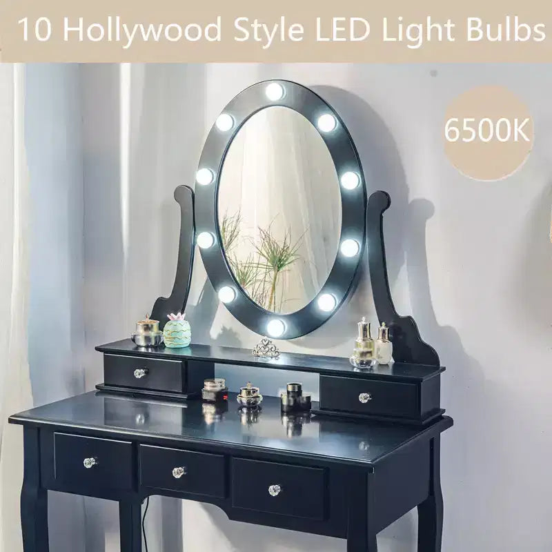 MDF Vanity Desk with LED Mirror and Stool 5 Drawers 31.5"W x 15.8"D x 53.9"H