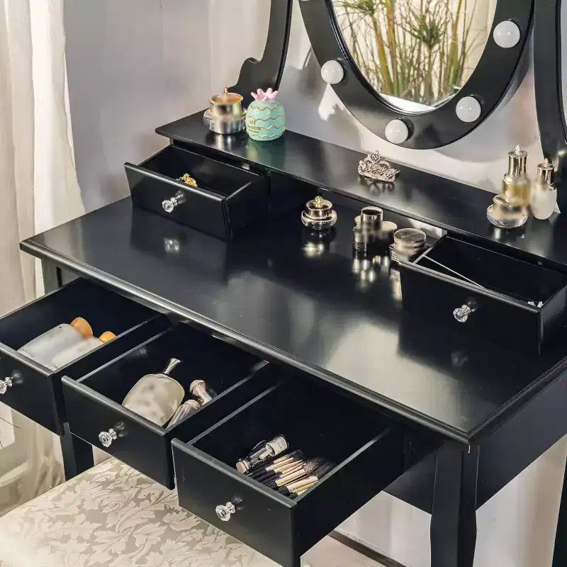 MDF Vanity Desk with LED Mirror and Stool 5 Drawers 31.5"W x 15.8"D x 53.9"H
