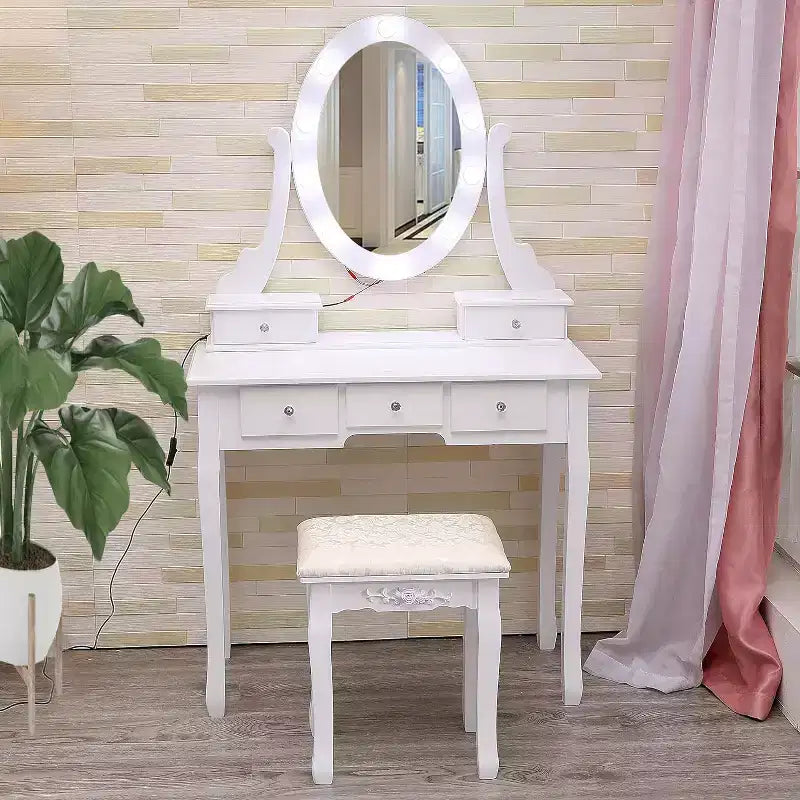 MDF Vanity Desk with LED Mirror and Stool 5 Drawers 31.5"W x 15.8"D x 53.9"H