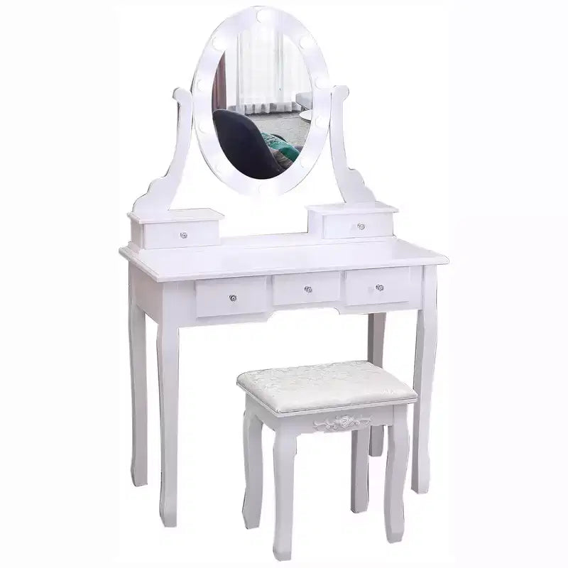 MDF Vanity Desk with LED Mirror and Stool 5 Drawers 31.5"W x 15.8"D x 53.9"H