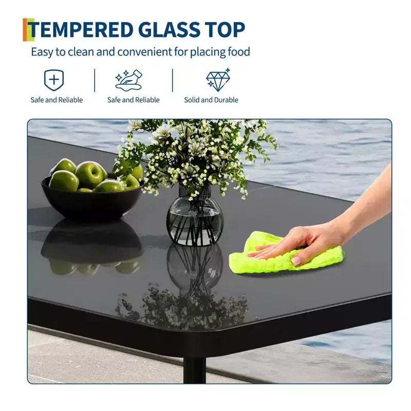 Steel Tempered Glass Dining Table 36.61"W x 36.61"L Seats 6