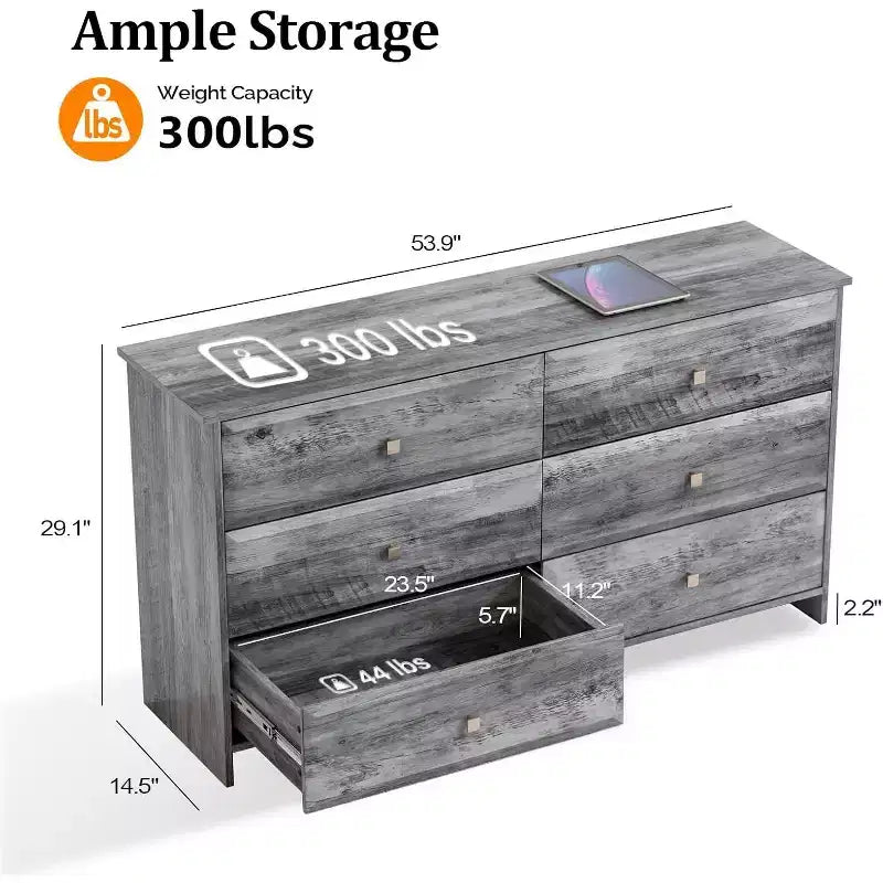 MDF 6-Drawer Dresser with Textured Fronts 53.9"W x 14.5"D x 29.1"H