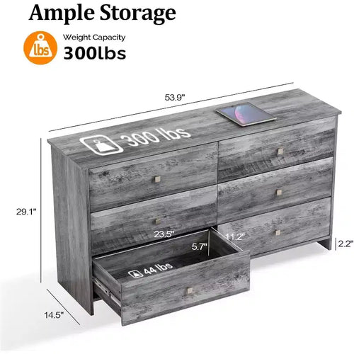 MDF 6-Drawer Dresser with Textured Fronts 53.9"W x 14.5"D x 29.1"H