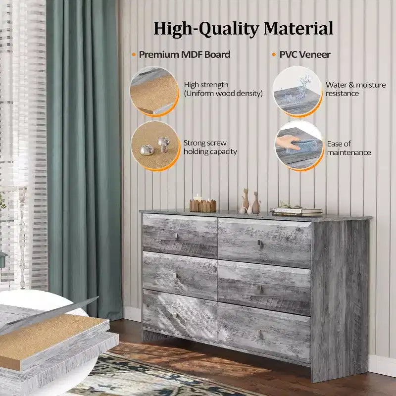 MDF 6-Drawer Dresser with Textured Fronts 53.9"W x 14.5"D x 29.1"H