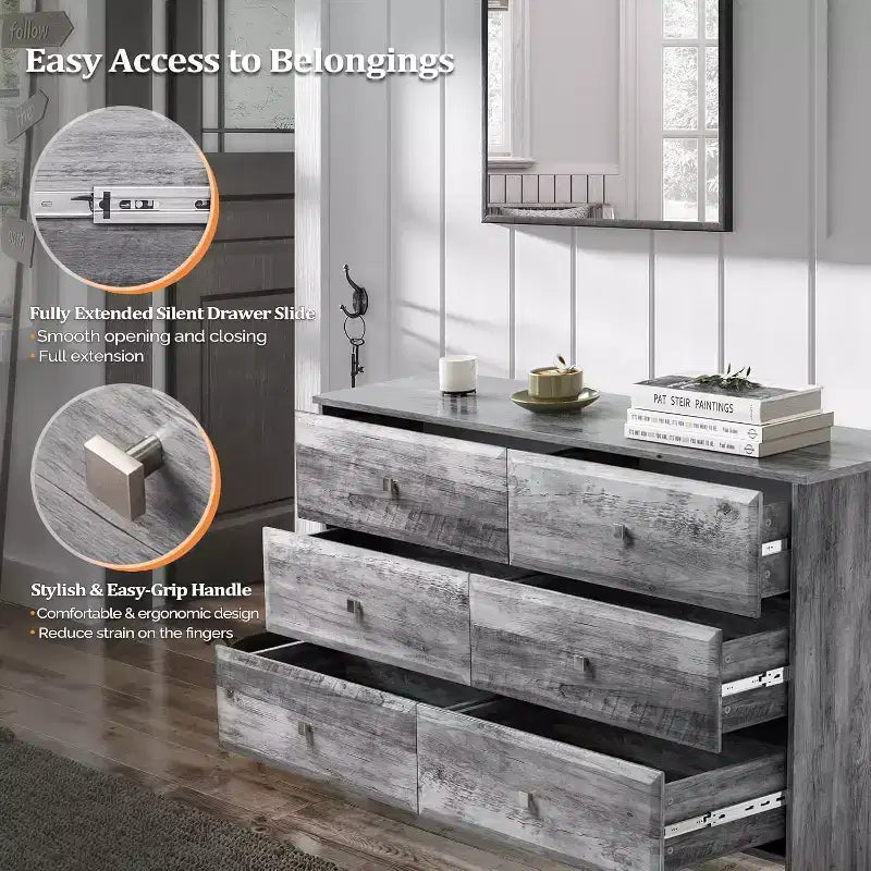 MDF 6-Drawer Dresser with Textured Fronts 53.9"W x 14.5"D x 29.1"H