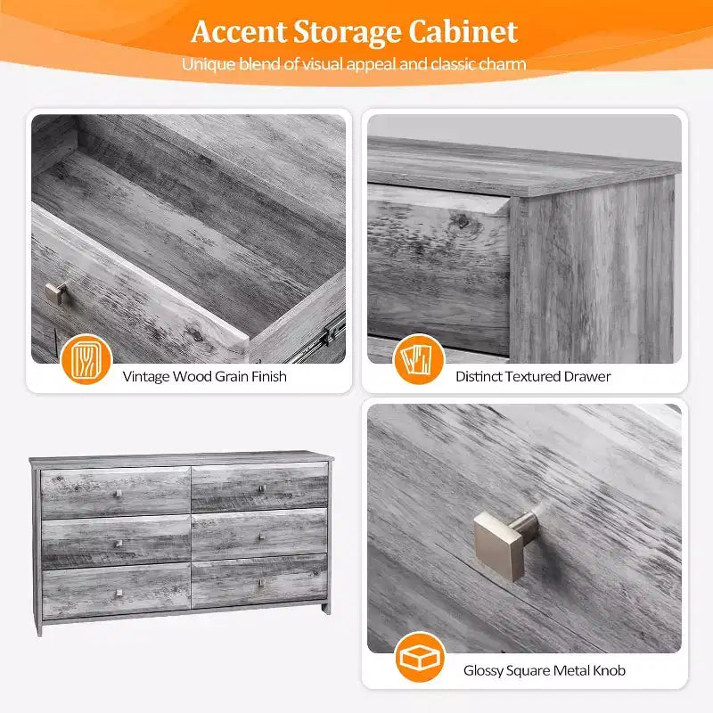 MDF 6-Drawer Dresser with Textured Fronts 53.9"W x 14.5"D x 29.1"H