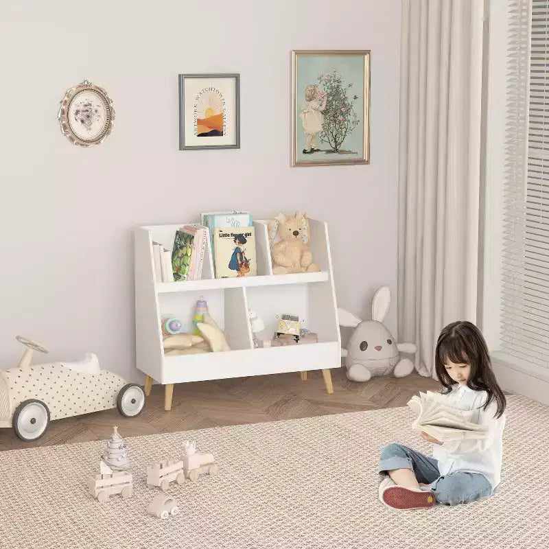 Wood 2-Tier Kids Bookshelf with 5 Cubbies 31.5"W x 13.39"D x 28.54"H