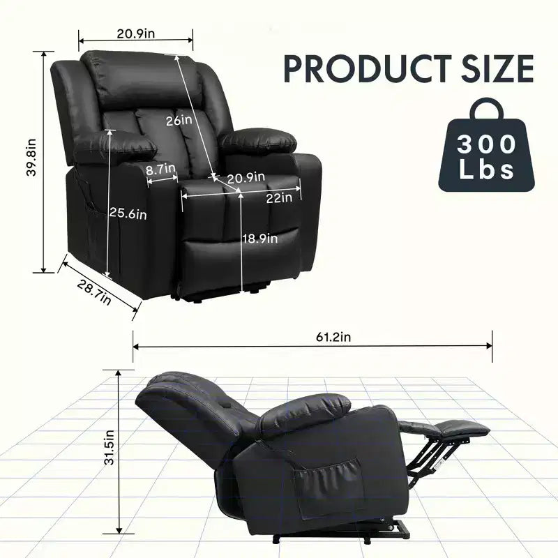 Faux Leather Metal Frame Power Lift Recliner with Massage 35.83"W x 35.83"D x 39.76"H